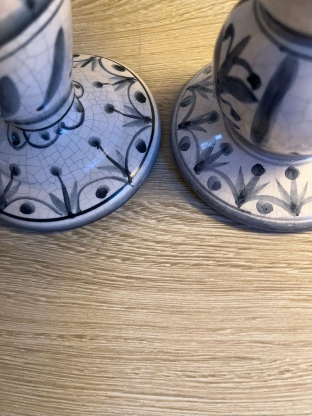 Blue White Crackle Glaze Ceramic Candlestick Holders Set 2 Folk Art 6.5” 4.5”
